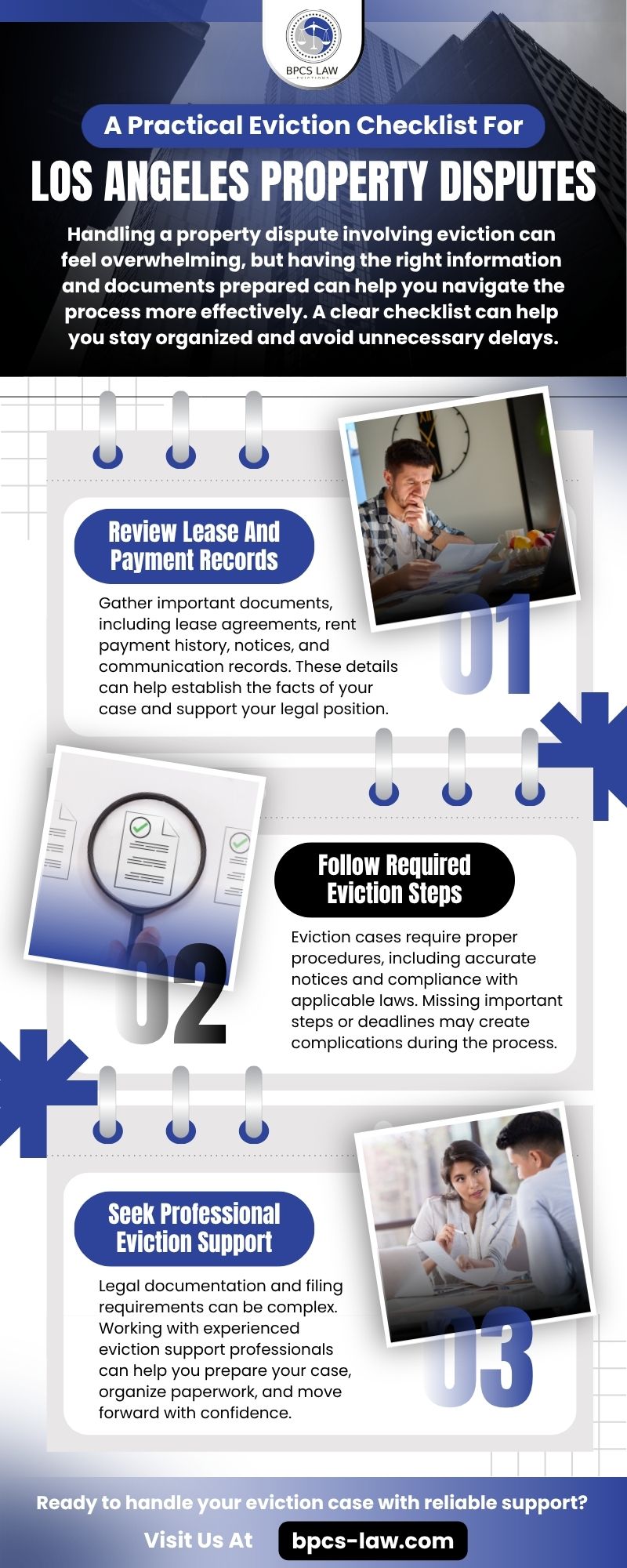 Infographic outlining a practical eviction checklist for Los Angeles property disputes, covering lease records, eviction procedures, legal documentation, and professional support for navigating eviction cases. 